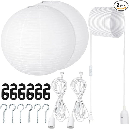 Rossesay 2 Sets Jumbo Paper Lanterns with Lamp Cord Cable White Hanging Paper Lanterns Chinese Japanese Pendant Hanging Lamp for Birthday Wedding Bridal Anniversary Party Decoration (18 Inch,Round)