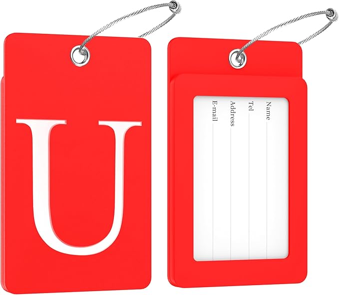 Gostwo 2 Pack Luggage Tags for Suitcases, 26 Initial Letter Travel Luggage Baggage Identification Labels ID Tag Fully Bendable Tags with Stainless Steel Loop (Red) (Letter U)