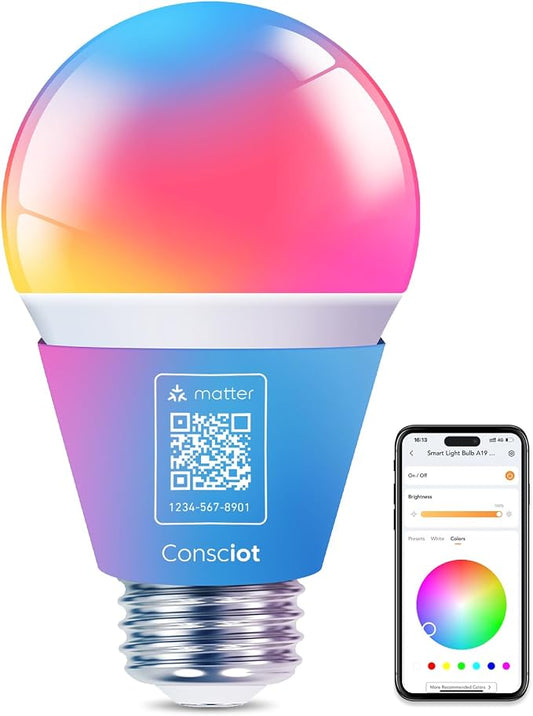 Consciot Smart Light Bulbs, 60W Equivalent Bluetooth Light Bulb, 1 Pack | WiFi Color Changing LED Light Bulb, A19 E26 RGBTW Light Bulbs That Works with Alexa/Google Home/Apple Home/Siri, Music Sync,