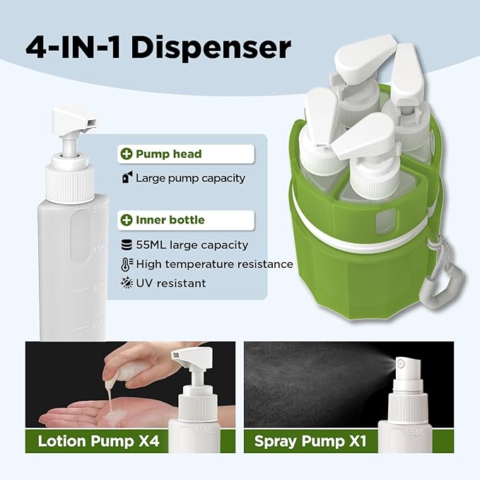 YOTIME 4 in 1 Travel Dispenser Bottle, Vacuum Silicone Suction Cup for Smooth Walls, TSA Approved Leak Proof Travel Size Containers for Toiletries, Shampoo, Body Wash and Conditioner, Green