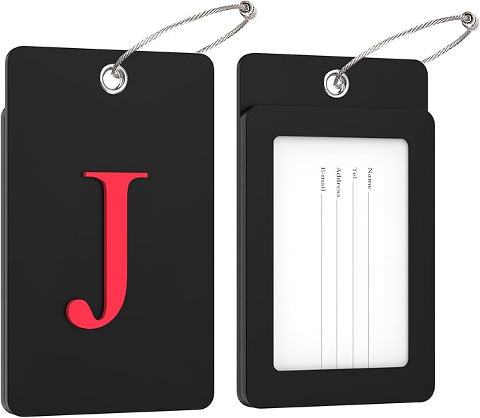 Gostwo 2 Pack Luggage Tags for Suitcases, 26 Initial Letter Travel Luggage Baggage Identification Labels ID Tag Fully Bendable Tags with Stainless Steel Loop (Black) (Letter J)