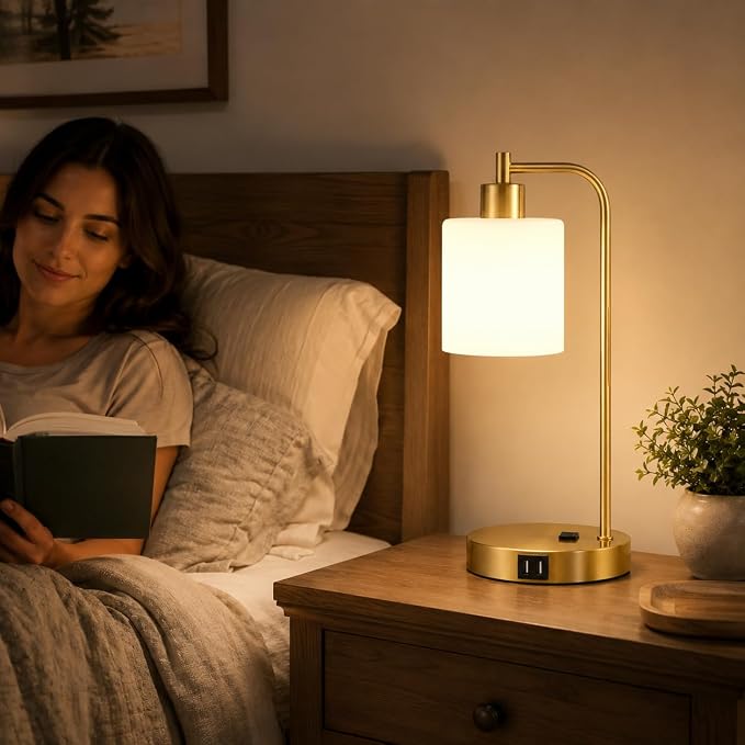 Set of 2 Industrial Touch Control Table Lamps with 2 USB Ports and AC Outlet - 3-Way Dimmable Gold Bedside Lamps Nightstand Desk Lamps for Bedroom Living Room, Opal Glass Shade & 2 LED Bulbs Included
