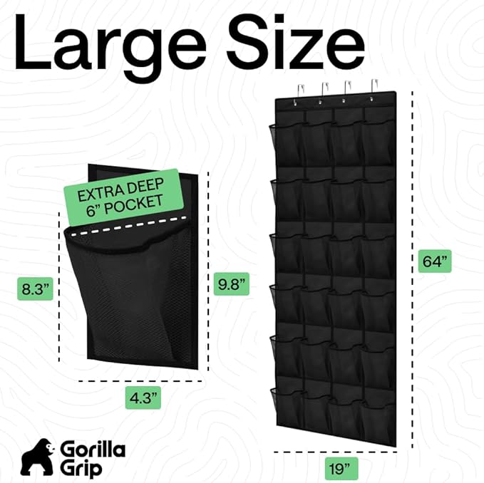 GORILLA GRIP Over the Door Shoe Organizer, 24 Extra Large Breathable Mesh Pockets, Space Saving Hanging Storage Holder, 4 Hook Closet Rack Hanger, Hangs on Closets for Shoes and Accessories, Black