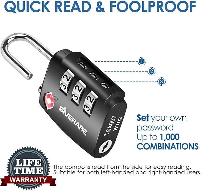 4 Pack TSA Approved Travel Luggage Locks, Combination Lock Alloy Body, Metal Keyless 3-Digit Padlocks, TSA Accepted Compatible Padlock for Gym Locker, Golf Bag Case, Backpack, Black-by GIVERARE