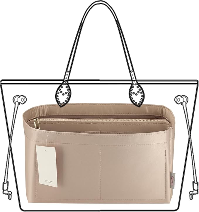 Purse Organizer Insert For Handbags, Purse Organizer With Zipper, Neverfull Organizer, Bag Organizer For Speedy Neverfull ONTHEGO Tote, Handbag and More (Silky Beige, small)