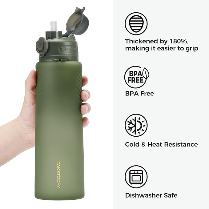 TakeToday Collapsible Water Bottles 32oz, Foldable Travel Bottle, TSA-Approved Leakproof Newly Silicone Water Bottle for Hiking, Travel, Outdoors, Green