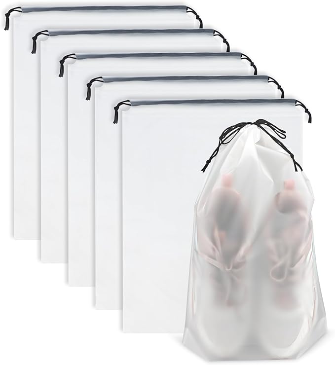 Clear Travel Shoe Bags 5-Pack (15.7x11.8 Inches) – Waterproof Drawstring Shoe Organizers for Packing, Essential Travel Gear for Men & Women