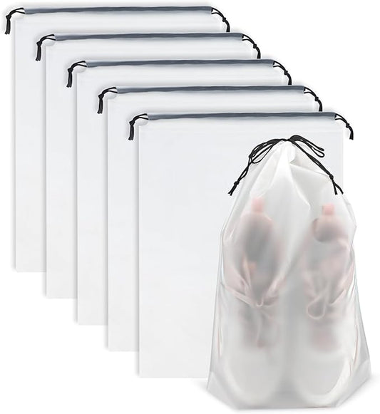 Clear Travel Shoe Bags 5-Pack (15.7x11.8 Inches) – Waterproof Drawstring Shoe Organizers for Packing, Essential Travel Gear for Men & Women