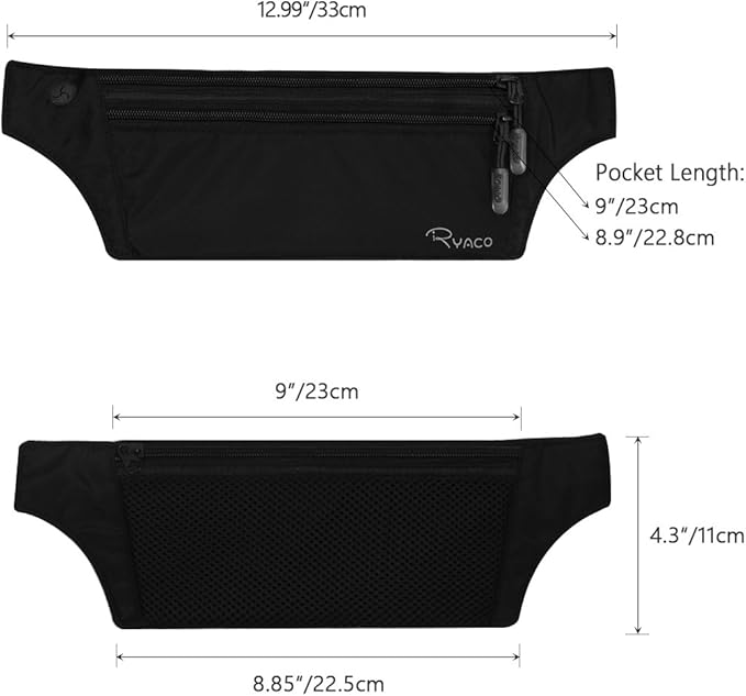 Ryaco Money Belt, Slim Passport Holder RFID Blocking Hidden Wallet Travel Essentials Pouch for Women Men With Adjustable Strap Waist Bag to Protect Cash, Credit Cards and Documents