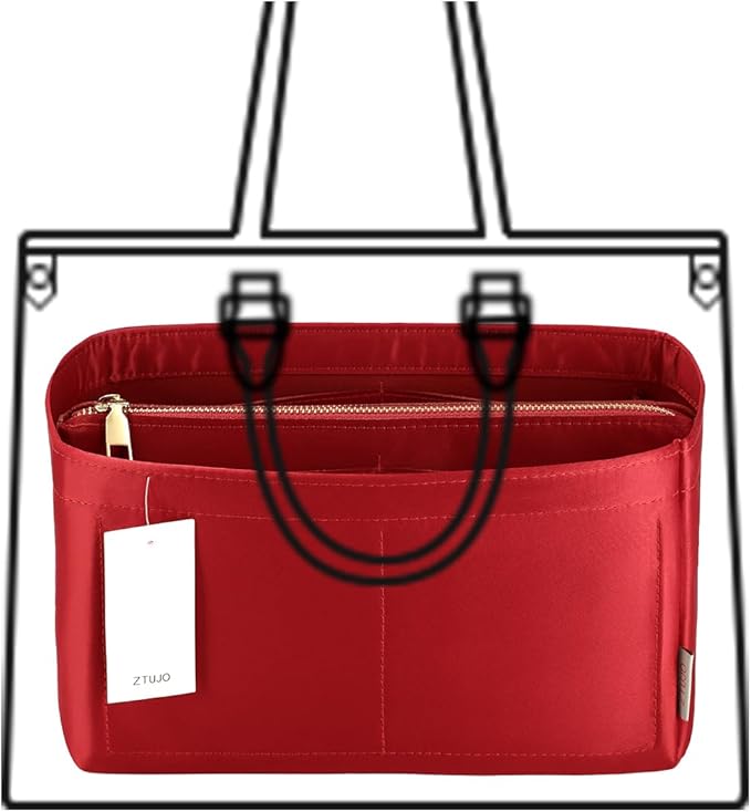 Purse Organizer Insert For Handbags, Purse Organizer With Zipper, Neverfull Organizer, Bag Organizer For Speedy Neverfull ONTHEGO Tote, Handbag and More (Silky Red, Large)