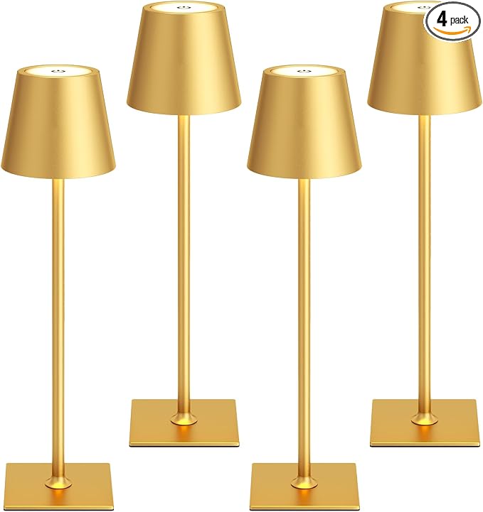 Kakanuo Gold Cordless Rechargeable Table Lamp 5000mAh Battery Operated Lamps, 3 Colors Stepless Dimming Touch Lamp for Dining, Living Room, Outdoor Patio, Kitchen Counter, 4 Pack