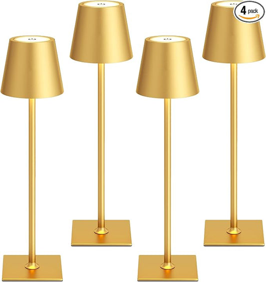Kakanuo Gold Cordless Rechargeable Table Lamp 5000mAh Battery Operated Lamps, 3 Colors Stepless Dimming Touch Lamp for Dining, Living Room, Outdoor Patio, Kitchen Counter, 4 Pack