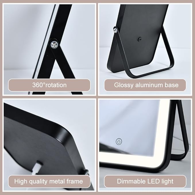 YEKKOPT Rechargeable Makeup Vanity Mirror with Lights, Small Desk Makeup Mirror with Lights, 3 Lighting Modes, Dimmable Touch Screen, Tabletop Light up Mirror