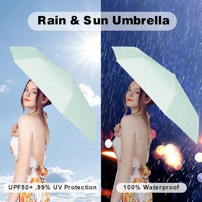 ESUFEIR Mini Sun Umbrella for Purse With Case, Small Compact UV Umbrella Travel Essentials, Lightweight Portable Parasol Windproof for Women Men Kids (Green)