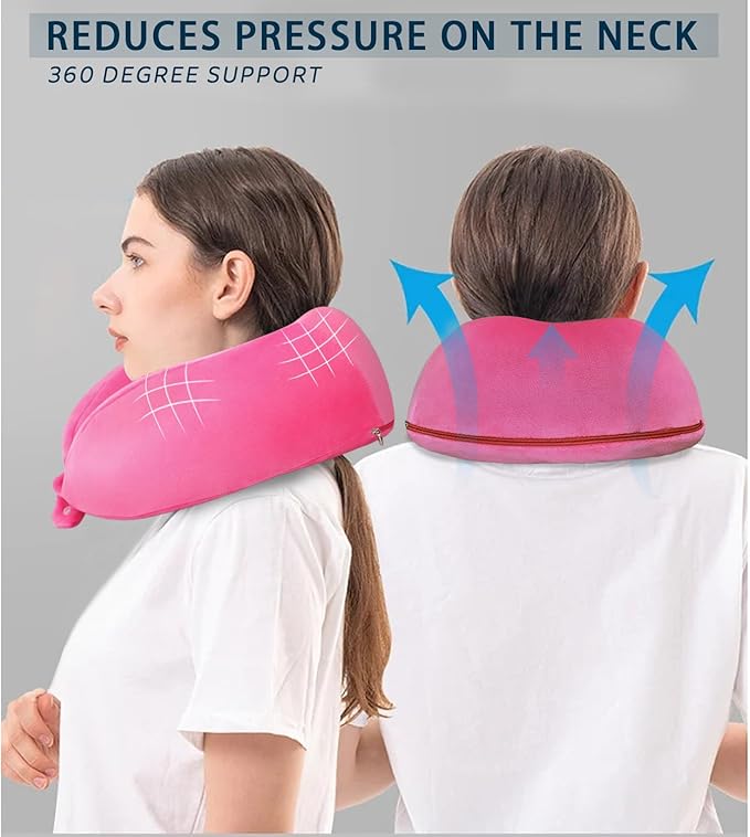 Neck Pillow Adjustable Memory Foam Travel Pillow Soft U Shaped Headrest Neck Support Pillows for Airplanes Sleeping Office Trains Cars Camping Use Rose Red