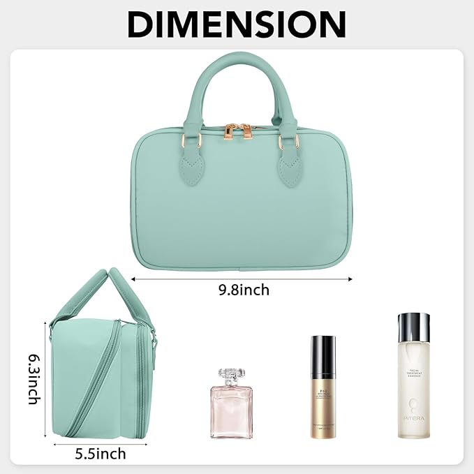 Travel Makeup Bag for Women Fashion Large Capacity Pouch Open Flat Cosmetic Portable Organizer Waterproof Large Opening Storage Toiletry Bags Vertical Free-Standing Brush Holder for Easy Access Blue