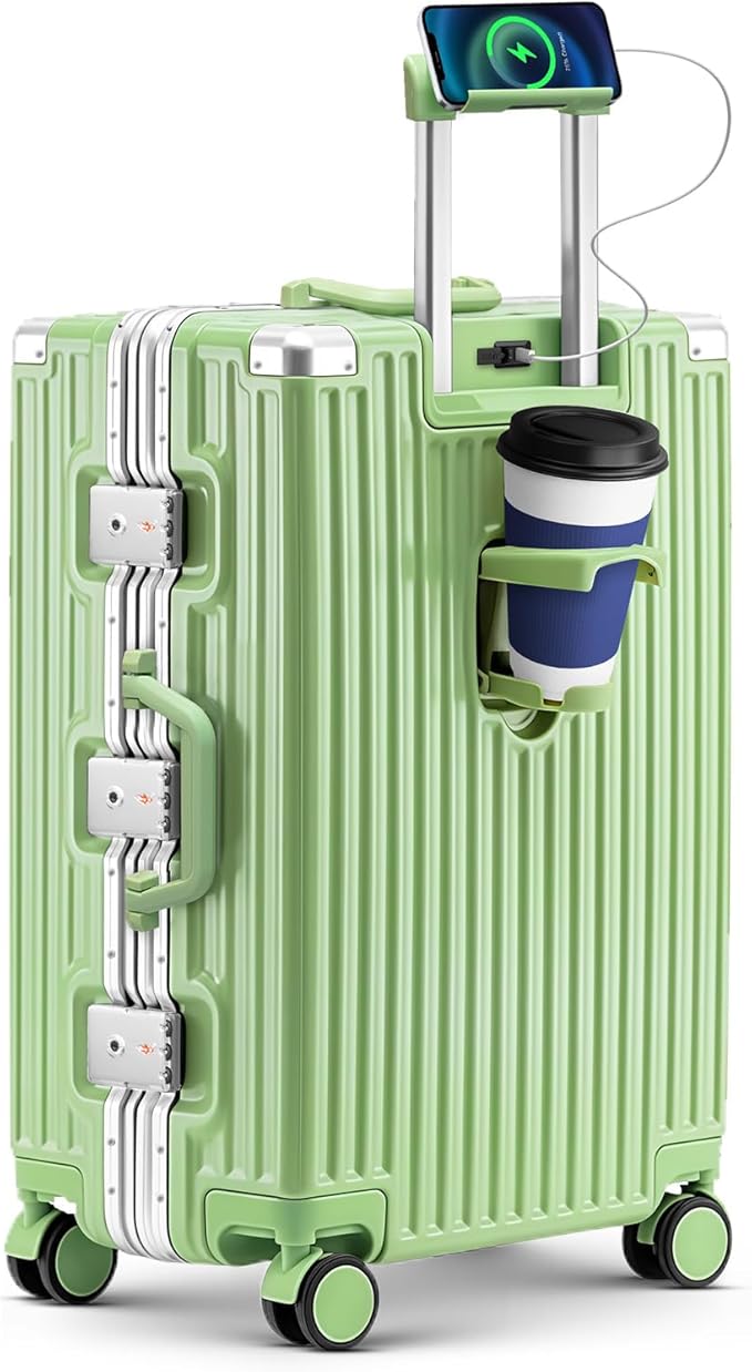 Zipperless Suitcase, 28 Inch Checked Luggage, Hardshell Aluminum Frame Polycarbonate Luggage with Phone Holder, Cup Holder, Charging Port, TSA Lock, Spinner Wheels for Vacations, Fruit Green