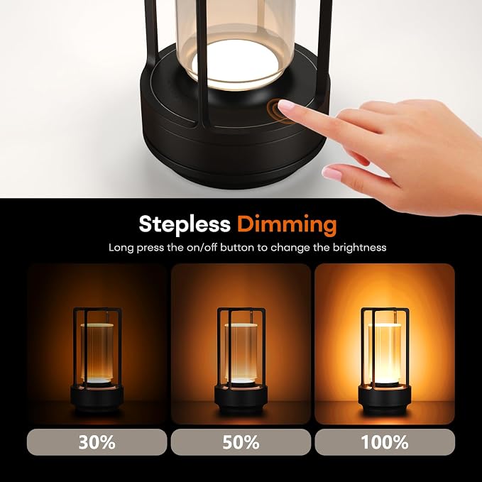 Rechargeable Cordless Small Metal Table Lamp, Stepless Dimming, 3-Color | Black, 2600mAh Battery, Portable LED Desk Light, Cute, Suitable for Indoor/Outdoor/Restaurant/Bedroom/Bar/Coffee/Camping
