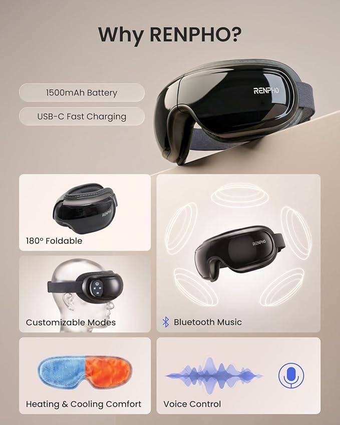 RENPHO Eye Massager with Heat and Cooling Voice Control, Mothers Day Gifts for Women Mom Her, FSA Eligible HSA, Massaging Eye Mask for Migraine Headache Dry Eyes and Stress Relief - Eyeris 3