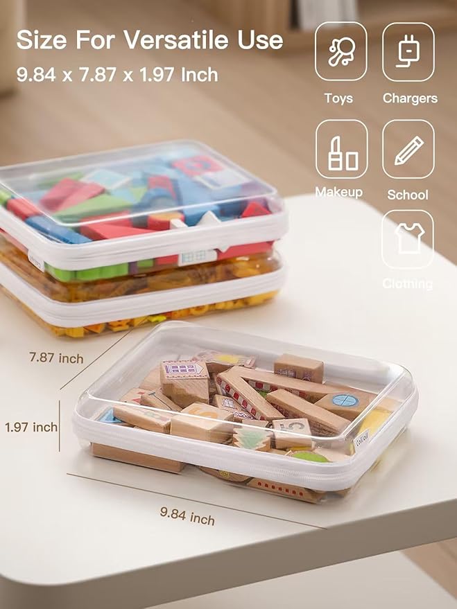 CoiiJoii Zippered Pouch Hard, Clear Zippered Hard Pouch, Stackable Storage Bins, Portable Clear Bin Zipper (White, Large-6pcs)
