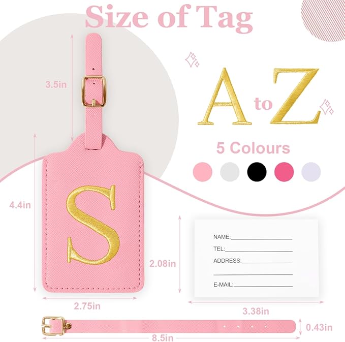 Personalized Initial Luggage Tags for Suitcases,Leather Letter Cute Luggage Tags with Privacy Name Card,Embroidered Monogrammed Travel Bag Backpack Tag Gifts for Women Kids Girls Teens(Pink-S)