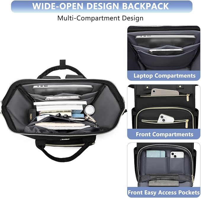 Focdod Backpack for Women 15.6 Inch Laptop Backpack Work Business Backpacks Purse Waterproof Computer College Backpacks Nurse Bag Backbag 2 Sets Casual Daypack for Travel Black