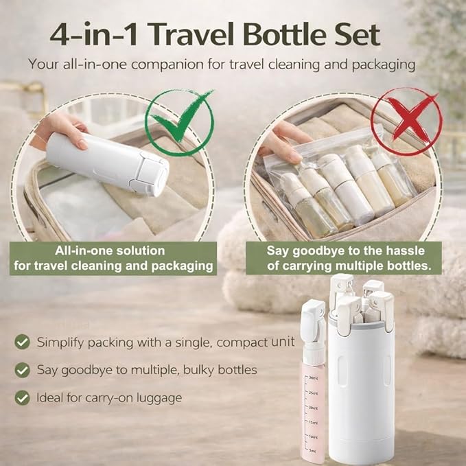 4-in-1 Travel Bottles for Toiletries, Travel Pump Bottle，Leak-Proof Shampoo Conditioner Lotion Dispenser with Pump, Compact No-Spill Toiletry Containers for Travel & Business Trips (White)