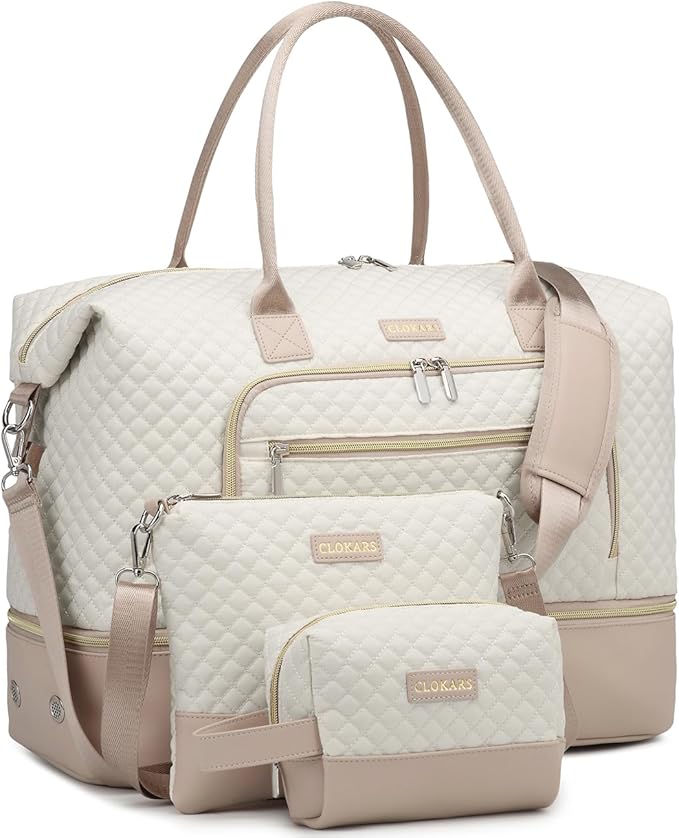 Weekender Bags for Women, Travel Duffle Bag Carry On Overnight Bag with Cosmetics Bag and Crossbody Purse for Gym Hospital, Gifts for Women, Beige Pink