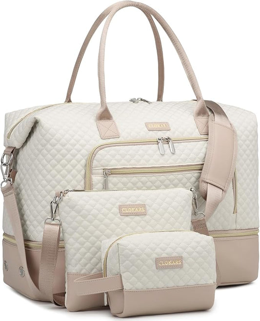 Weekender Bags for Women, Travel Duffle Bag Carry On Overnight Bag with Cosmetics Bag and Crossbody Purse for Gym Hospital, Gifts for Women, Beige Pink