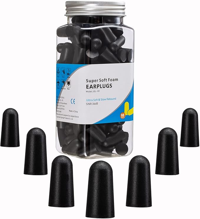 60 Pairs Bottled Black Foam Earplugs for Noise Cancelling, Sleeping, Work, Snoring, Construction, 33dB NRR