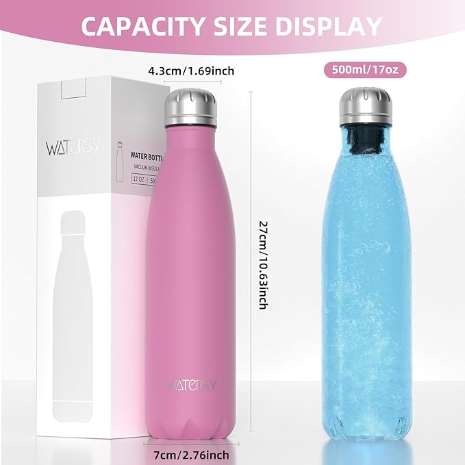 WATERSY Stainless Steel water bottles,17oz/500ml Insulated Water Bottles,Gloss Pink metal water bottle Keeps Drink Cold and Hot,BPA Free kids water bottles for School,Gym,Travel,Sports