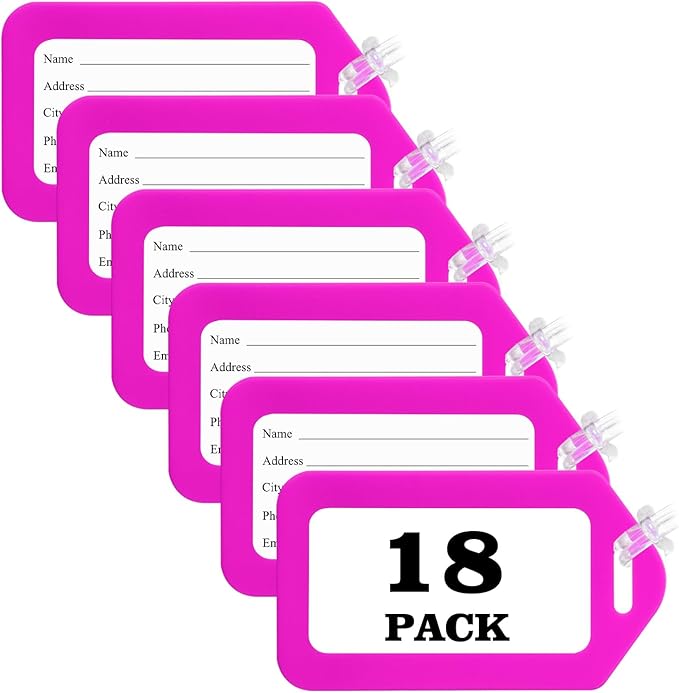 18 Pack Luggage Tag Bright Luggage Tags for Suitcases Bag Tags Name Tags for Kids Travel Accessories Must Haves by Sodsay (Pink)