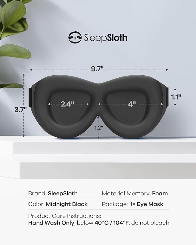 Sleep Eye Mask for Men & Women, 3D Contoured Full Blackout Eye Mask for Sleeping, Pressure-Free Soft with Adjustable Strap, Night Blindfold for Travel, Shift Work & Nap, Midnight Black