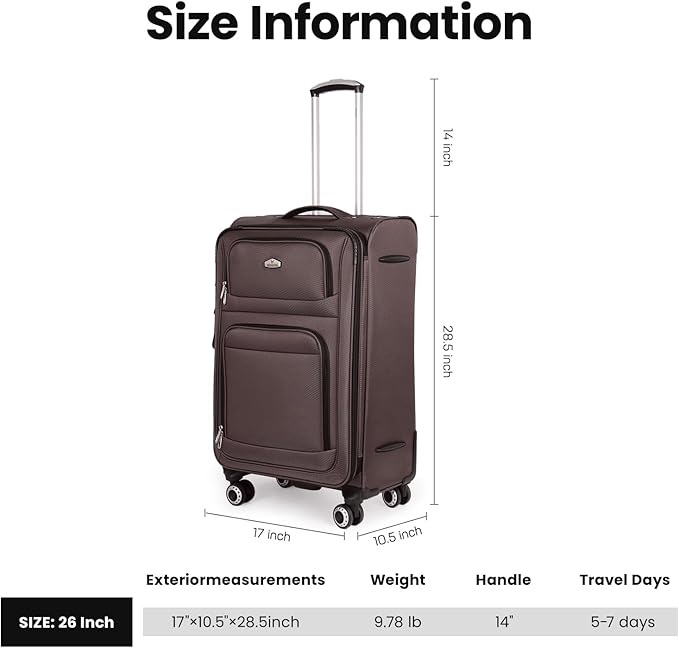 26" Luggage Softside Expandable 15% Checked Luggage with Double Spinner Wheels Combination LOCK,Lightweight Travel Suitcase for Men/Women（Coffee,26in）