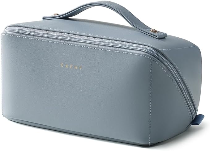 EACHY Travel Makeup Bag, Large Capacity Cosmetic Bag for Women, Waterproof PU Leather, Flat Open Portable Toiletry Bag for Skincare, Brushes & Travel Essentials