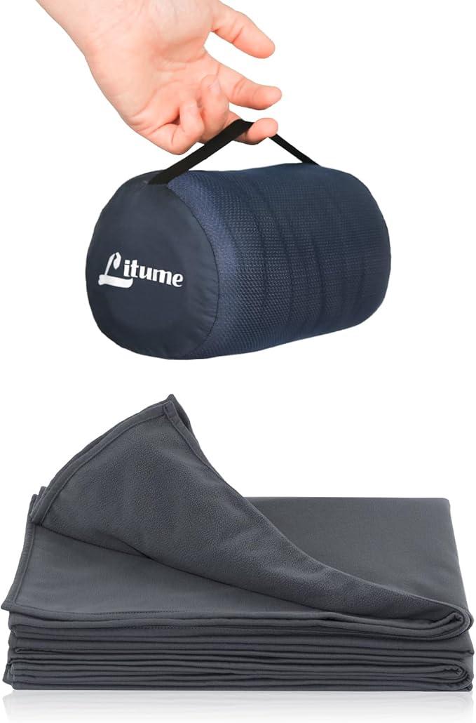 Litume Travel Camping Blanket Lightweight and Breathable, 67 x 48 in Soft Airplane Flight Blanket for Travelers, Foldable Sheet with Stuff Sack for Train, Camp, backapcking, Office, Home (E651 Grey)