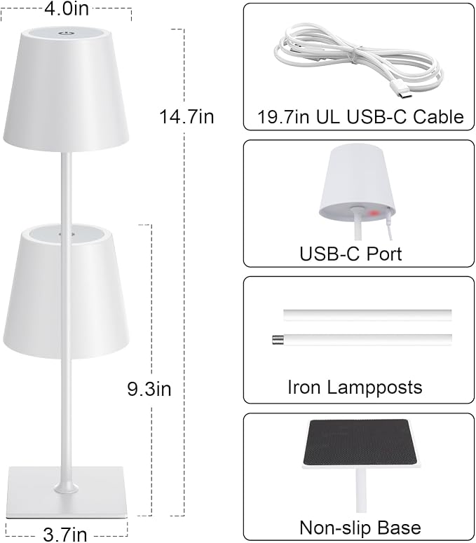 Kakanuo White Gold Cordless Rechargeable Table Lamp 5000mAh Battery Operated Lamps, 3 Colors Stepless Dimming Touch Lamp for Living Room, Kitchen Counter, Dining, Outdoor Patio, 2 Pack