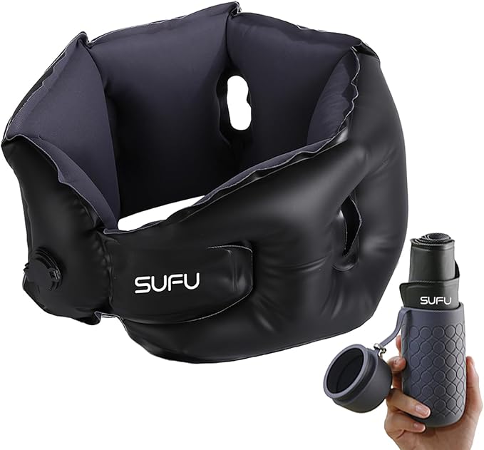 SUFU Inflatable Neck Pillow Airplane Travel Essentials Blow up Neck Pillows for air Traveling mini Compact - 10s Quick Inflate, 360° Full Support, Adjustable Firmness, Built-in Storage Bag,Blue
