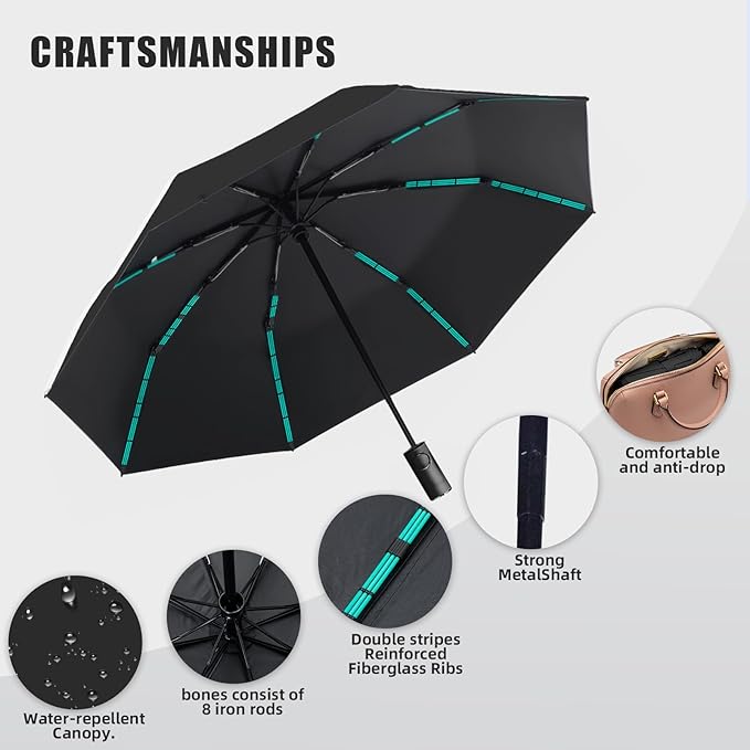 Compact Automatic Folding Travel Umbrella-Windproof Rainproof, PF50+ Sun Protection for Hiking,Outdoor,Chool,Golf Course & Daily Use,Sturdy Multi-Ribbed Frame