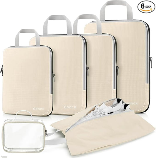 Gonex Compression Packing Cubes, 6pcs Expandable Storage Travel Luggage Bags Organizers with Shoe Bag, Clear Toiletry Bag (Cream)
