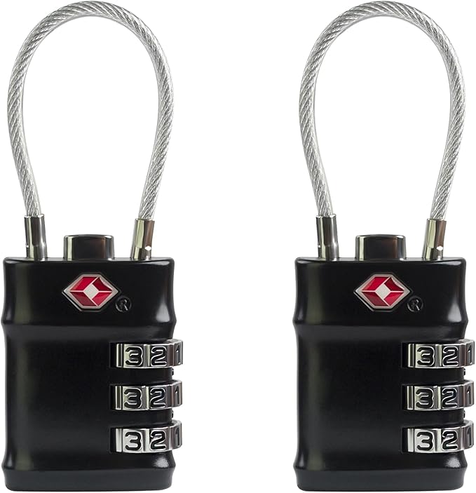 TSA Locks for Luggage, 3 Digit Combination Padlock, Luggage Locks TSA Approved 2 Pack, Combo Cable Padlocks with Code, for Gym Locker, Suitcase, Gun Case, Backpack Zipper (Black+Black)