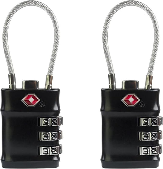 TSA Locks for Luggage, 3 Digit Combination Padlock, Luggage Locks TSA Approved 2 Pack, Combo Cable Padlocks with Code, for Gym Locker, Suitcase, Gun Case, Backpack Zipper (Black+Black)