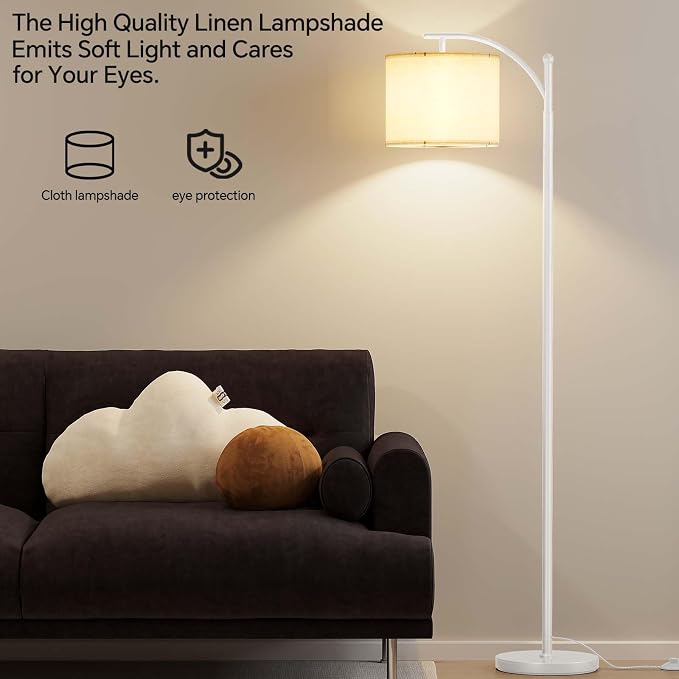 SUNMORY Arc Floor Lamp for Living Room, Modern Tall Standing Lamps, White | 3 Color Temperatures, 9W 800lm LED Bulb, Adjustable Hanging Shade, Foot Switch, Metal Floor Light for Bedroom Office Corner
