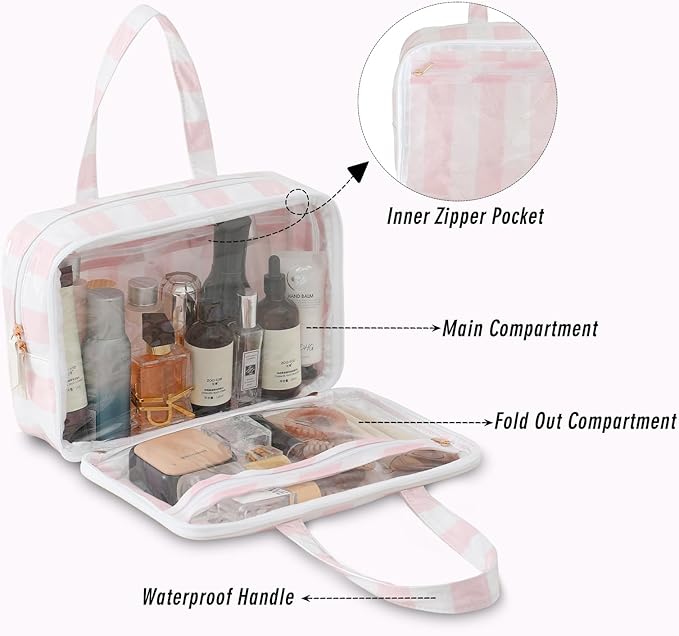 Travel Toiletry Bag for Women, Waterproof Clear Coated Portable Stripe Makeup Cosmetic Bag with Compartment, Travel Organizer for Shampoo, Conditioner, Brushes Set,Cosmetic Accessories(White-Pink)