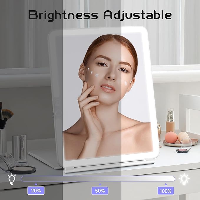 FUNTOUCH Large Rechargeable Travel Makeup Mirror with Light, 2500mAh Portable Makeup Mirror with 10X Magnifying Mirror 3 Lighting Modes, Dimmable Touch, Tabletop Folding Travel Mirror with Storage Bag