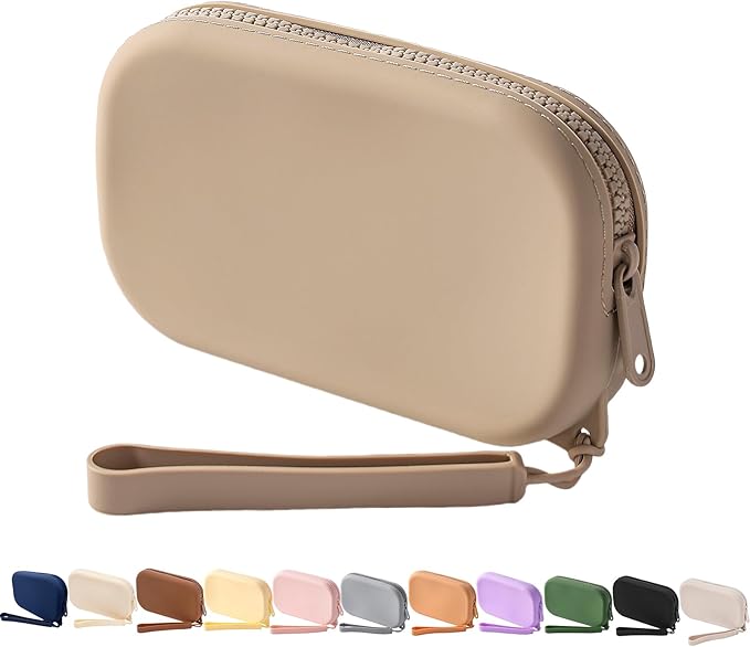 Small Silicone Multifunctional Essential Bag Portable Travel Makeup Bag for Women Men Cards Cash Bag Zipper Pouch (Khaki)