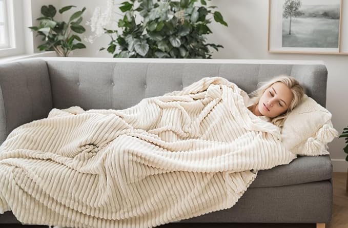 Cuddly Twin Size Blanket, Fluffy Fleece, Warm & Soft with Striped Pattern, 66x90 Inches, Cream