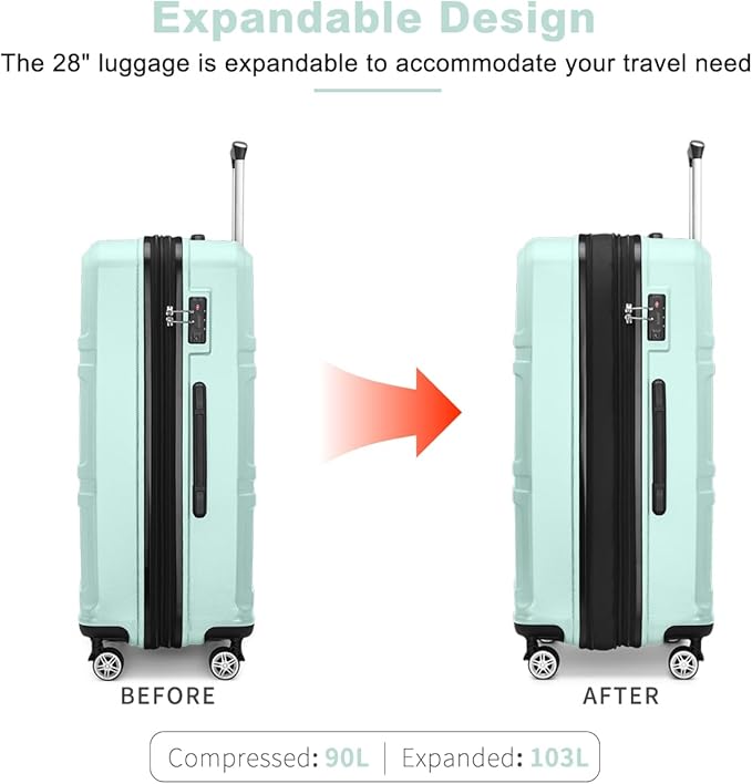 Kono 28 Inch Luggage Expandable Suitcase with Spinner Wheels TSA Lock Lightweight PC+ABS Hardside Large Checked Luggage Durable Rolling Suitcase Mint Green