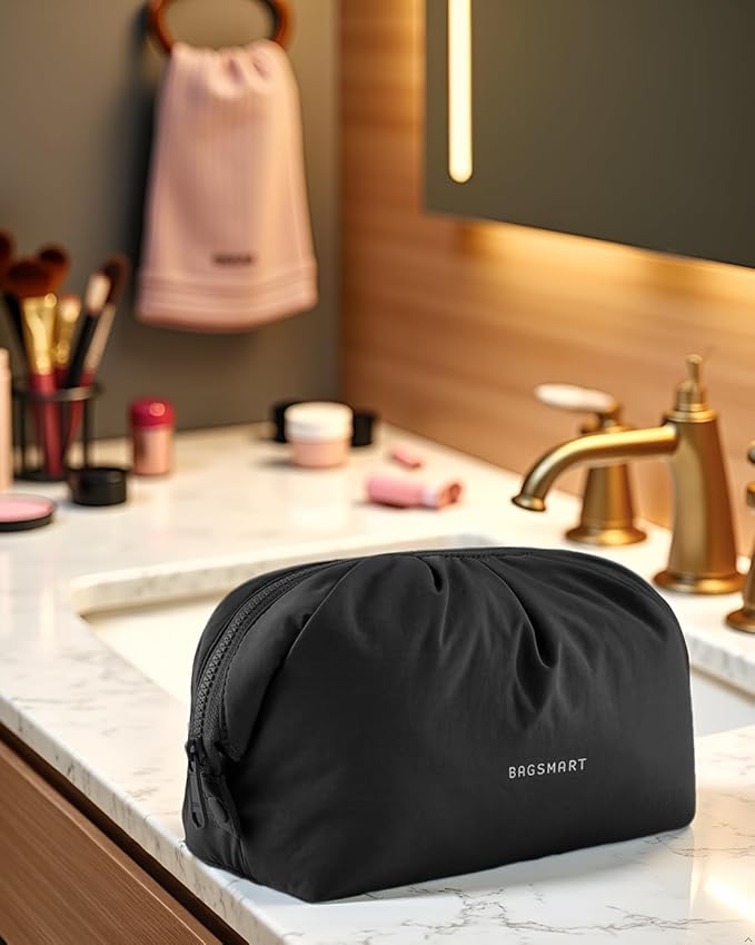 BAGSMART Makeup Bag Travel Makeup Bag, Cute Make Up Bag, Large Capacity Cosmetic Bags for Women, Wide-open Makeup Pouch Travel Essentials Toiletries Accessories Brushes (Black)