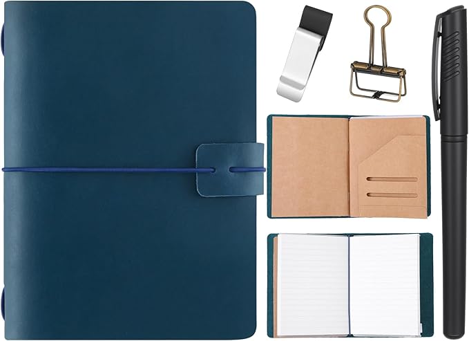 Thenshop Travelers Refillable Leather Journal Notebook Travel Diary Handmade Passport Travelers Journal for Men and Women with 3 Notebook Inserts, Pen Holder, Binder Clip(Blue,Passport Size)